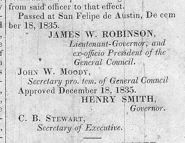 John W. Moody and C. B. Stewart - General Council - 1835
